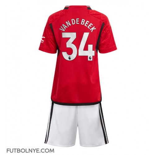 Camiseta Manchester United Donny van de Beek #34 Primera Equipación para niños 2023-24 manga corta (+ pantalones cortos)
